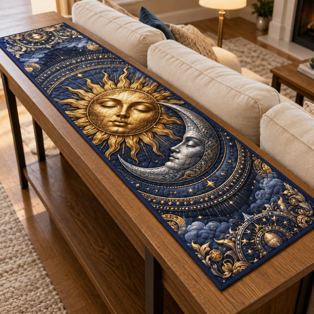 Sun and Moon Living Room Table Runner with flat printed optical 3D artwork in a living room setting