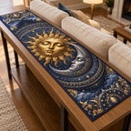 Sun and Moon Living Room Table Runner with flat printed optical 3D artwork in a living room setting