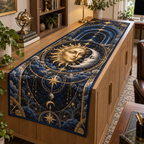 Sun and Moon Home Office Table Runner with flat printed optical 3D artwork in a home office setting