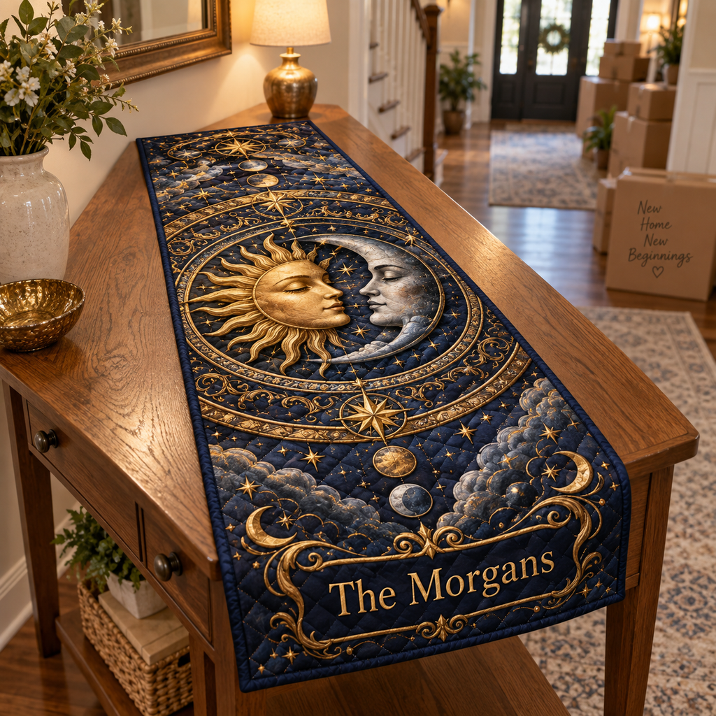 Personalized Sun and Moon Table Runner showing example name The Morgans printed within the celestial artwork