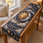 Sleeping Sun and Moon Quiet Corner Table Runner with flat printed optical 3D artwork in a peaceful quiet corner