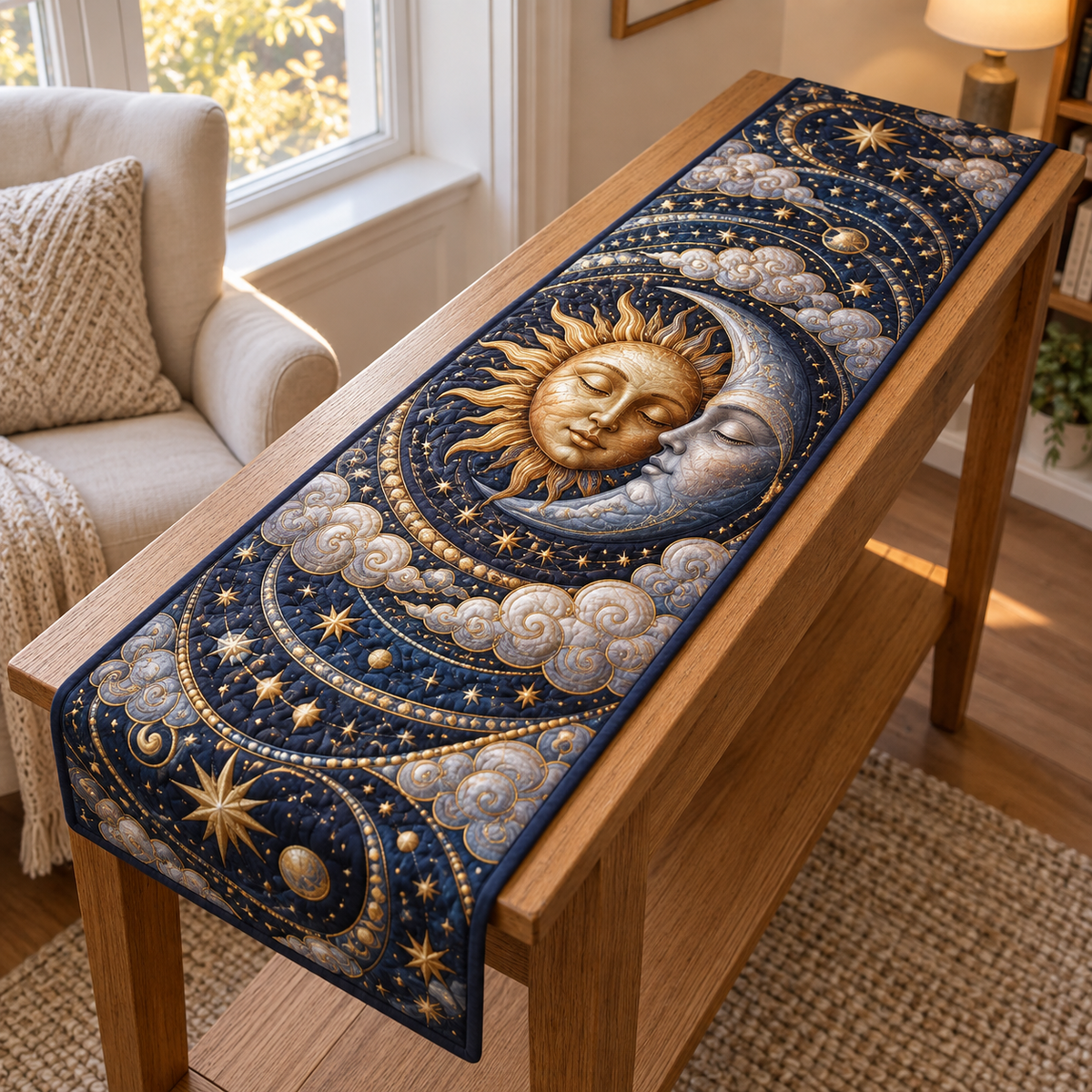 Sleeping Sun and Moon Quiet Corner Table Runner with flat printed optical 3D artwork in a peaceful quiet corner