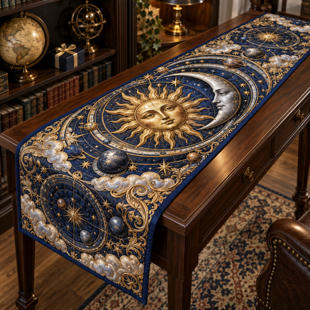 Sun and Moon Collector Orrery Table Runner with flat printed optical 3D celestial artwork in a collector room setting