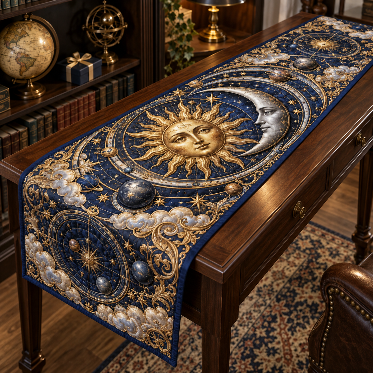 Sun and Moon Collector Orrery Table Runner with flat printed optical 3D celestial artwork in a collector room setting