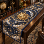 Sun and Moon Collector Orrery Table Runner with flat printed optical 3D celestial artwork in a collector room setting