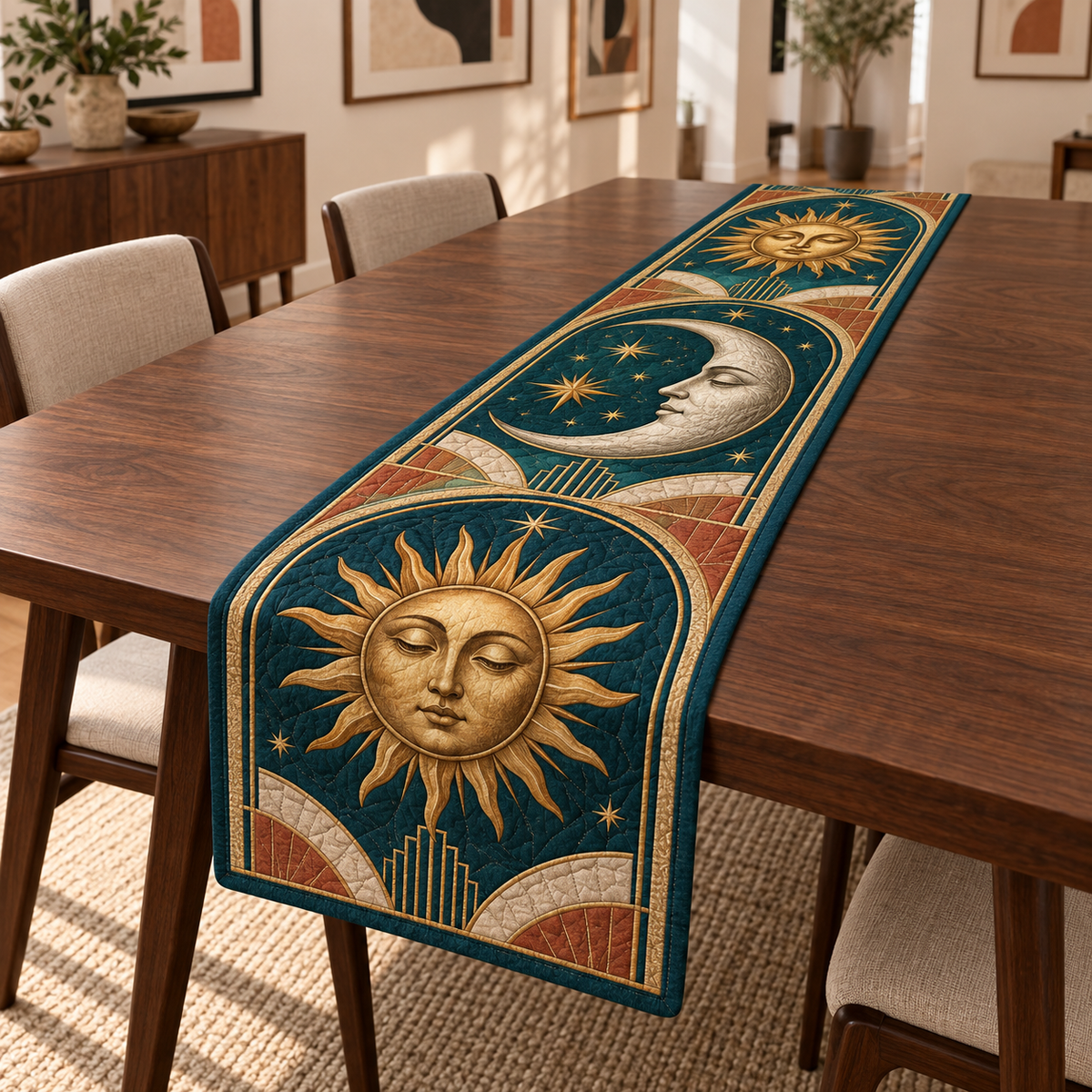 Sun and Moon Gallery Arches Table Runner with flat printed optical 3D artwork in teal and terracotta