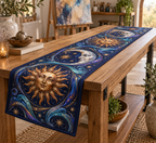 Sun and Moon Studio Swirls Table Runner with flat printed optical 3D copper sun and pearl moon artwork in blue and violet
