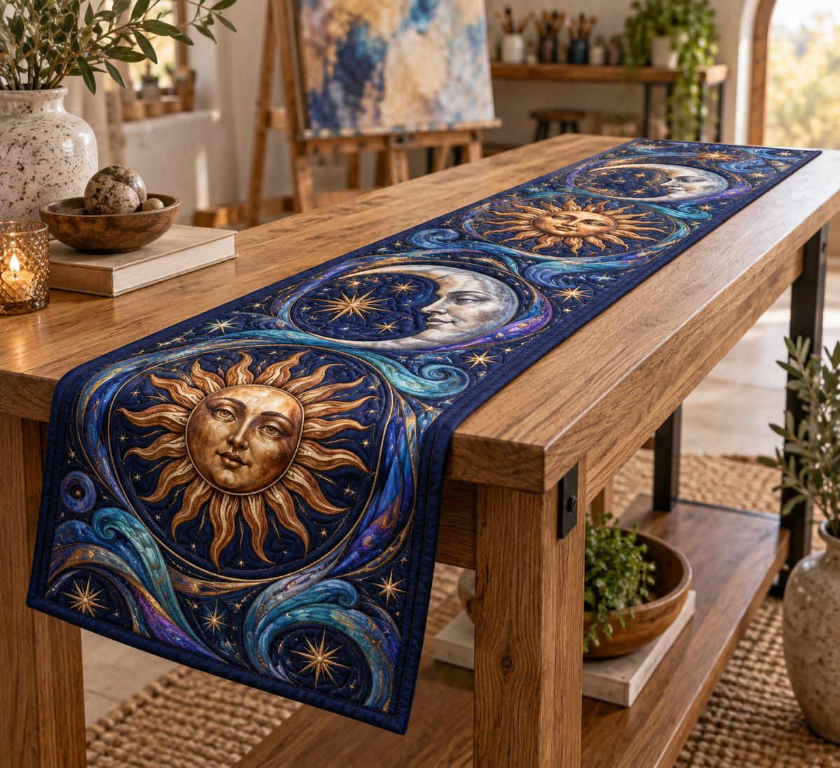 Sun and Moon Studio Swirls Table Runner with flat printed optical 3D copper sun and pearl moon artwork in blue and violet