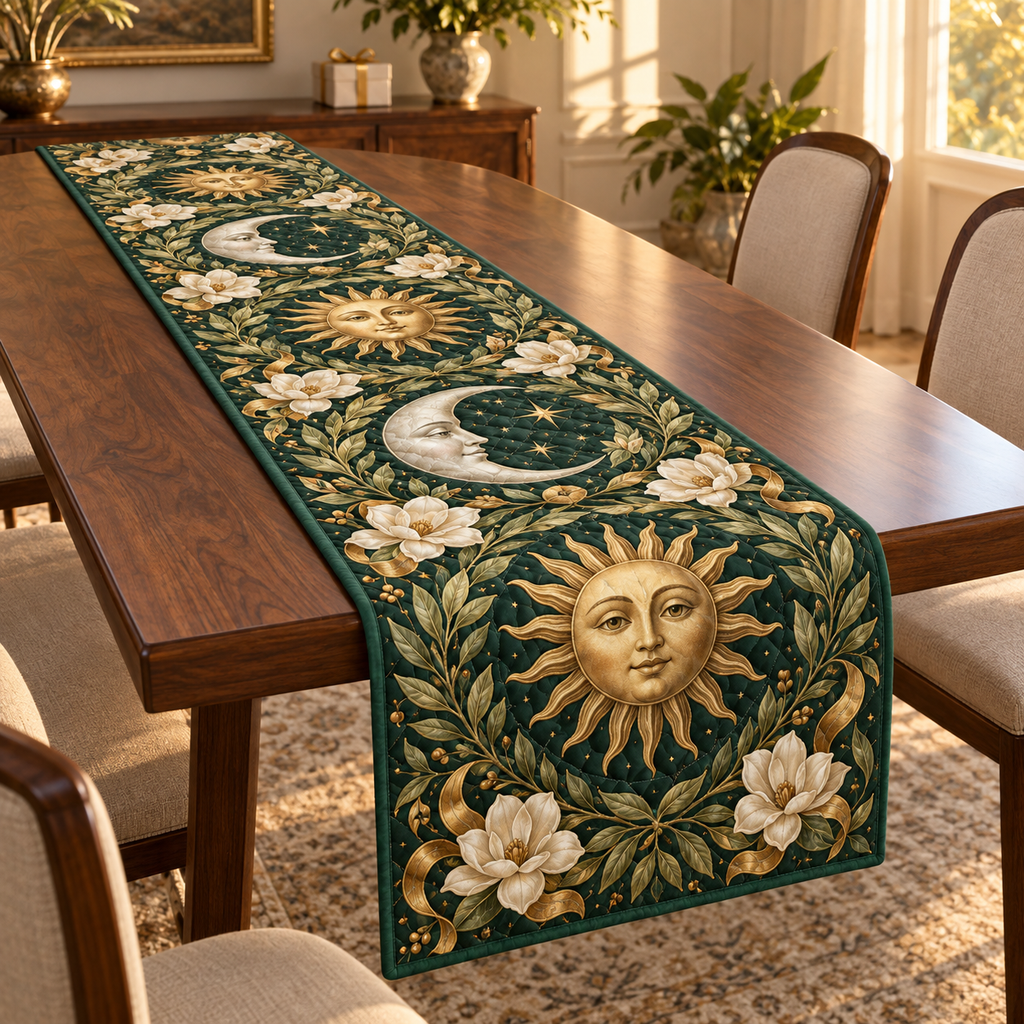 Sun and Moon Magnolia Laurel Table Runner with flat printed optical 3D celestial botanical artwork on emerald green