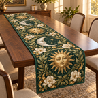 Sun and Moon Magnolia Laurel Table Runner with flat printed optical 3D celestial botanical artwork on emerald green
