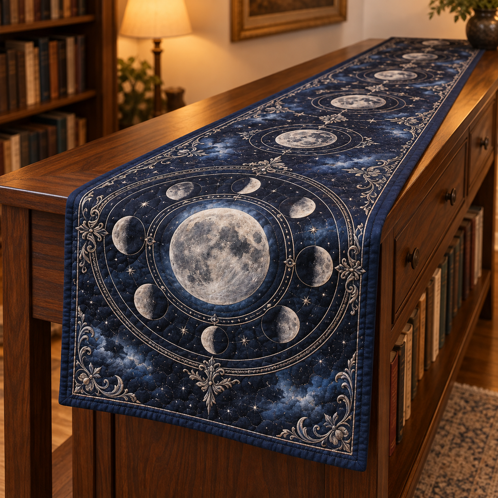 Moon Phase Reading Nook Table Runner with flat printed optical 3D silver lunar motifs on midnight indigo