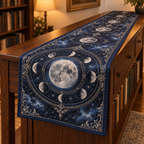 Moon Phase Reading Nook Table Runner with flat printed optical 3D silver lunar motifs on midnight indigo