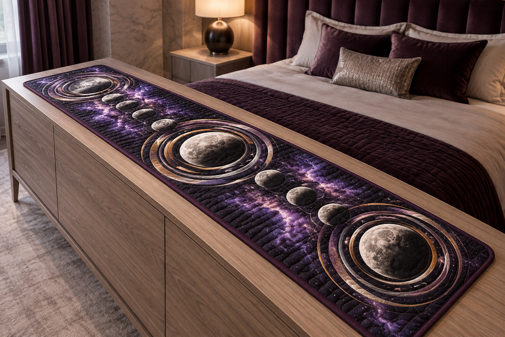 Moon Phase Violet Eclipse Table Runner with flat printed optical 3D lunar rings and violet clouds