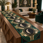 Moon Phase Emerald Deco Table Runner with flat printed optical 3D lunar rings and emerald Art Deco details