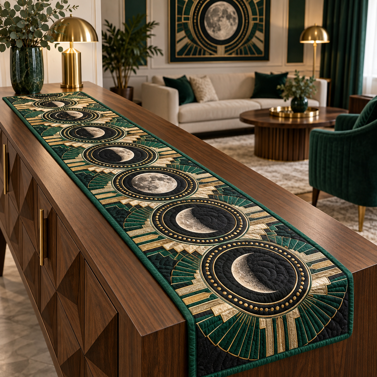 Moon Phase Emerald Deco Table Runner with flat printed optical 3D lunar rings and emerald Art Deco details