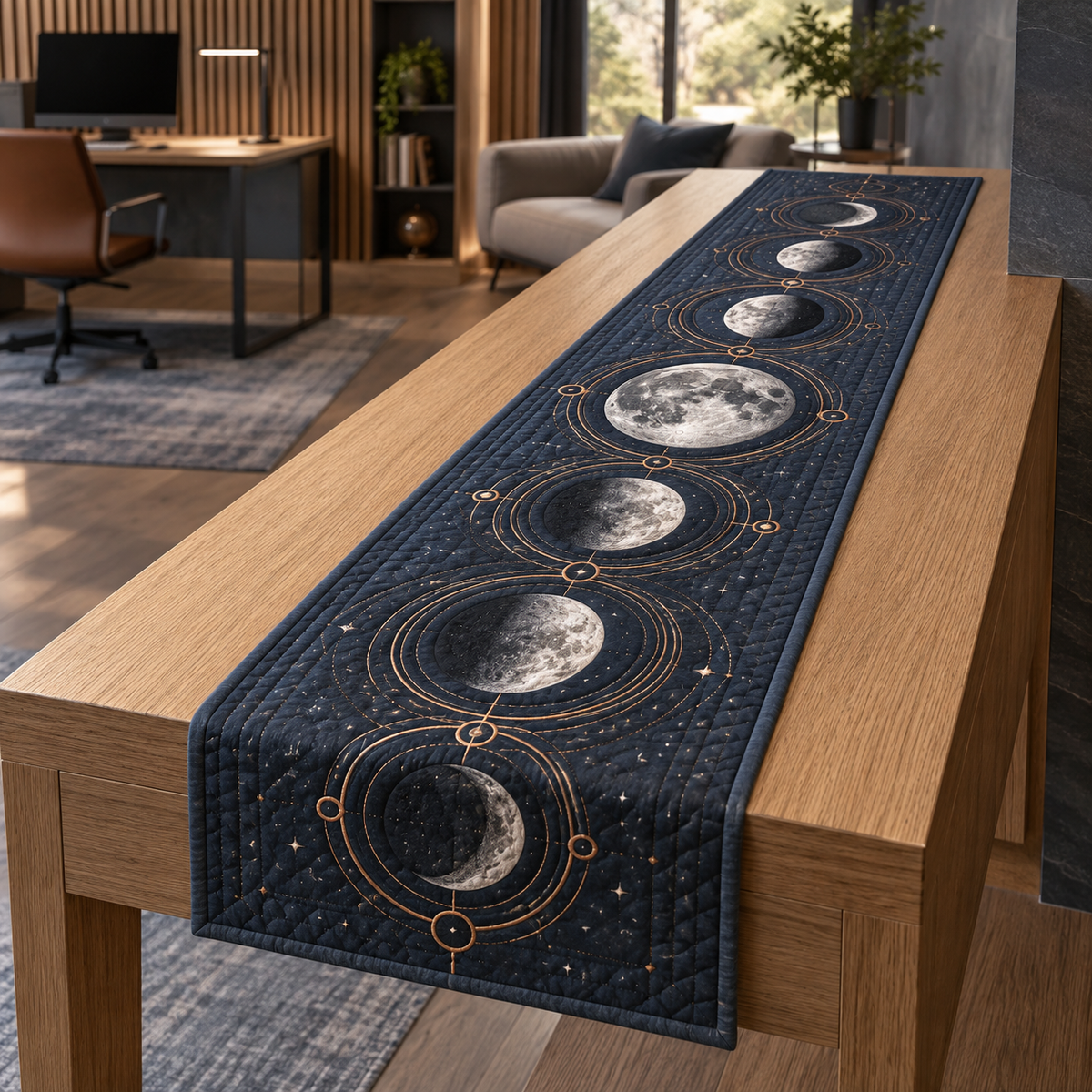 Moon Phase Slate Observatory Table Runner with flat printed optical 3D lunar motifs and copper-colored orbital lines