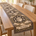 Personalized Moon Phase Table Runner with printed optical 3D lunar artwork and example name The Parkers