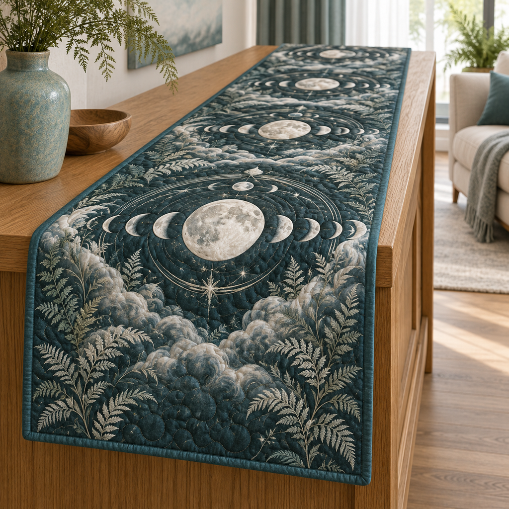 Moon Phase Mist Fern Table Runner with flat printed optical 3D lunar motifs, mist clouds and ferns on teal