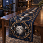 Moon Phase Collector Armillary Table Runner with flat printed optical 3D lunar motifs and bronze-colored rings on sapphire navy