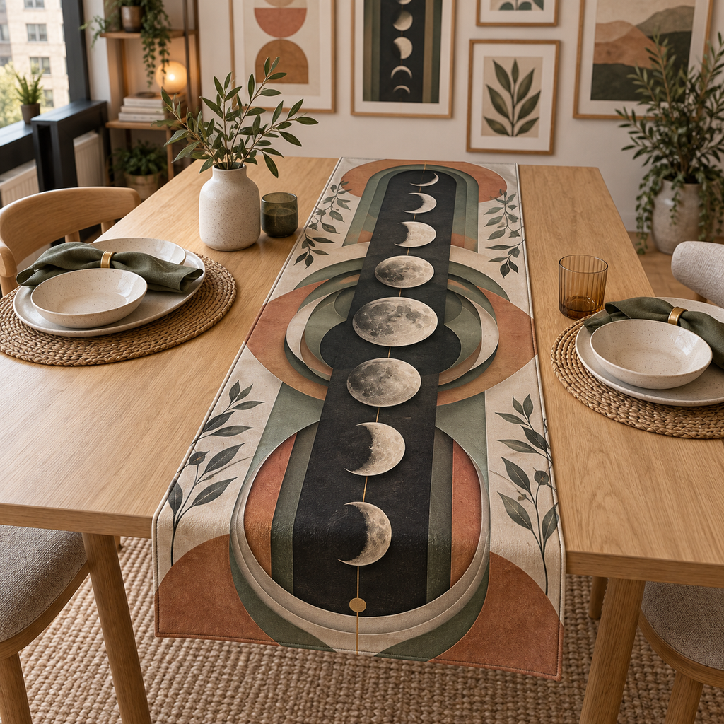 Moon Phase Apartment Gallery Table Runner with flat printed optical 3D lunar discs and layered arches in terracotta, sage, cream and charcoal