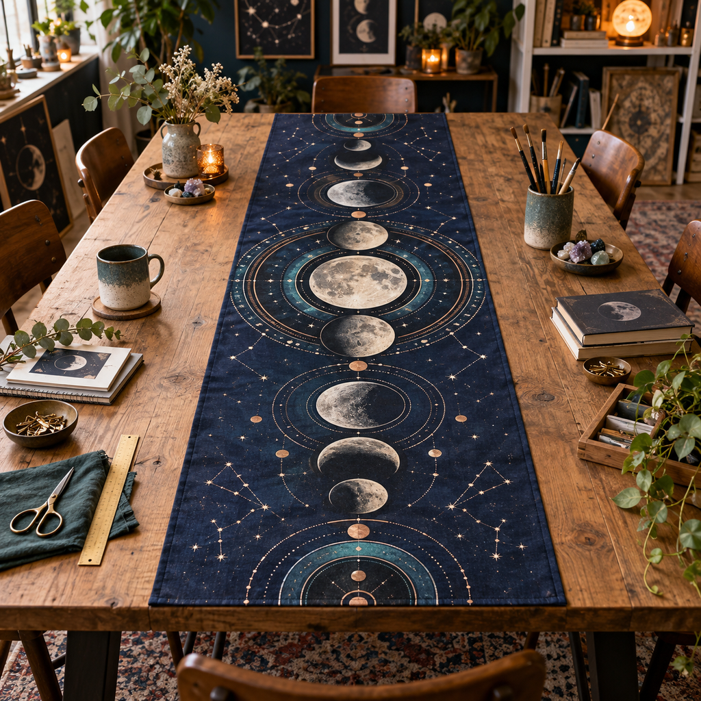 Moon Phase Hobby Studio Table Runner with flat printed optical 3D lunar circles and craft geometry in indigo copper teal and ivory
