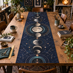 Moon Phase Hobby Studio Table Runner with flat printed optical 3D lunar circles and craft geometry in indigo copper teal and ivory