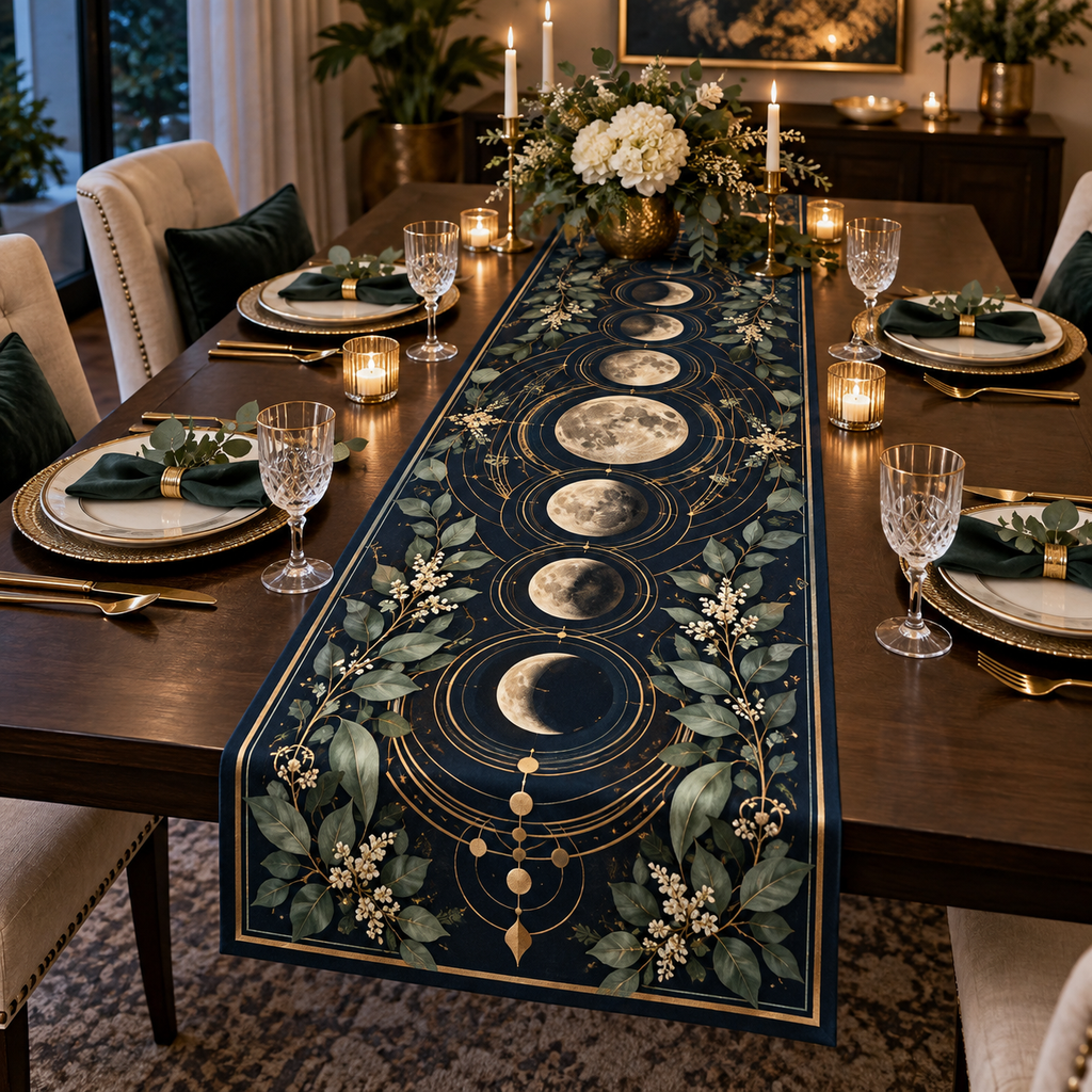 Moon Phase Host Gift Table Runner with flat printed optical 3D lunar phases and botanical hospitality accents