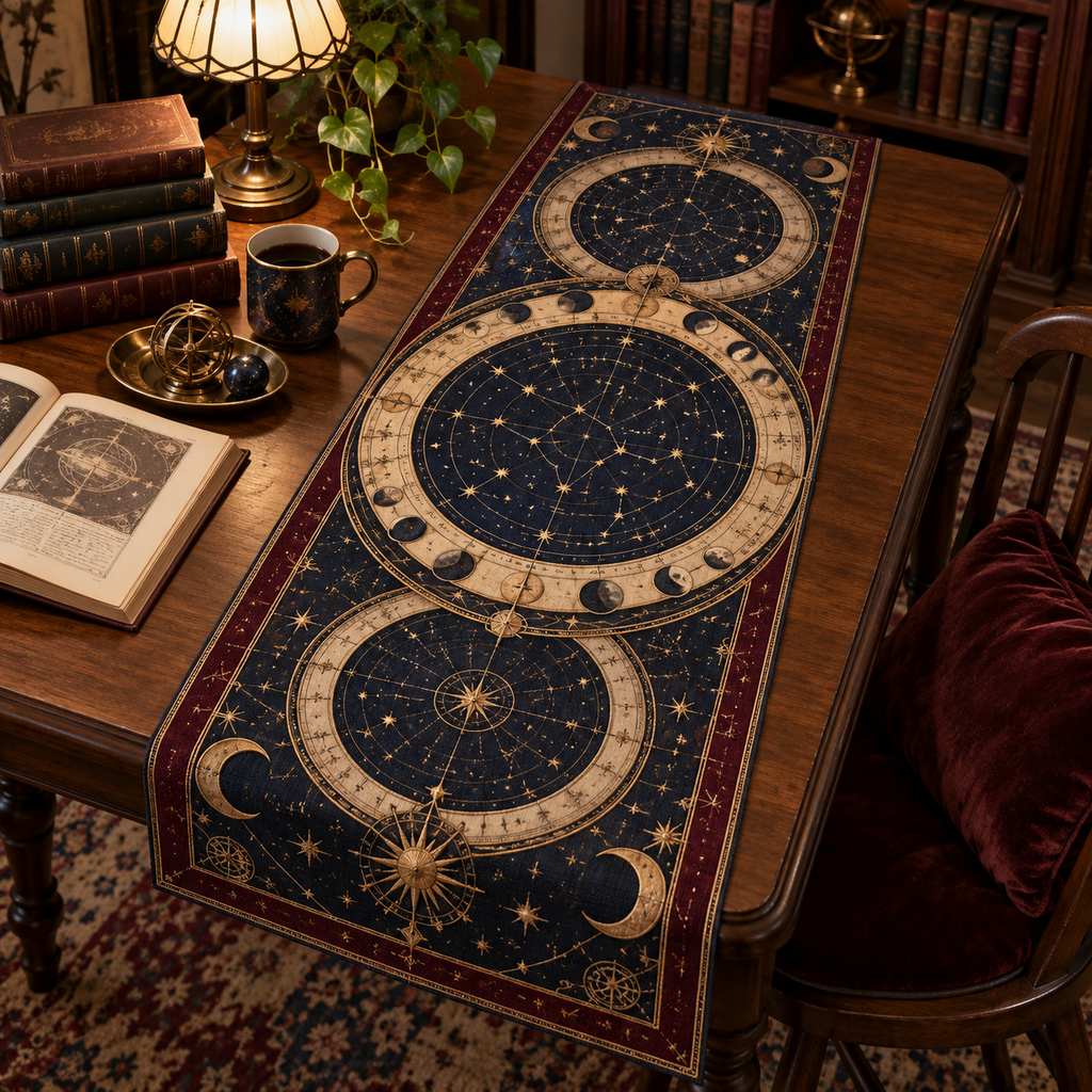 Constellation Reading Nook Table Runner with flat printed optical 3D celestial map in navy antique gold parchment and burgundy