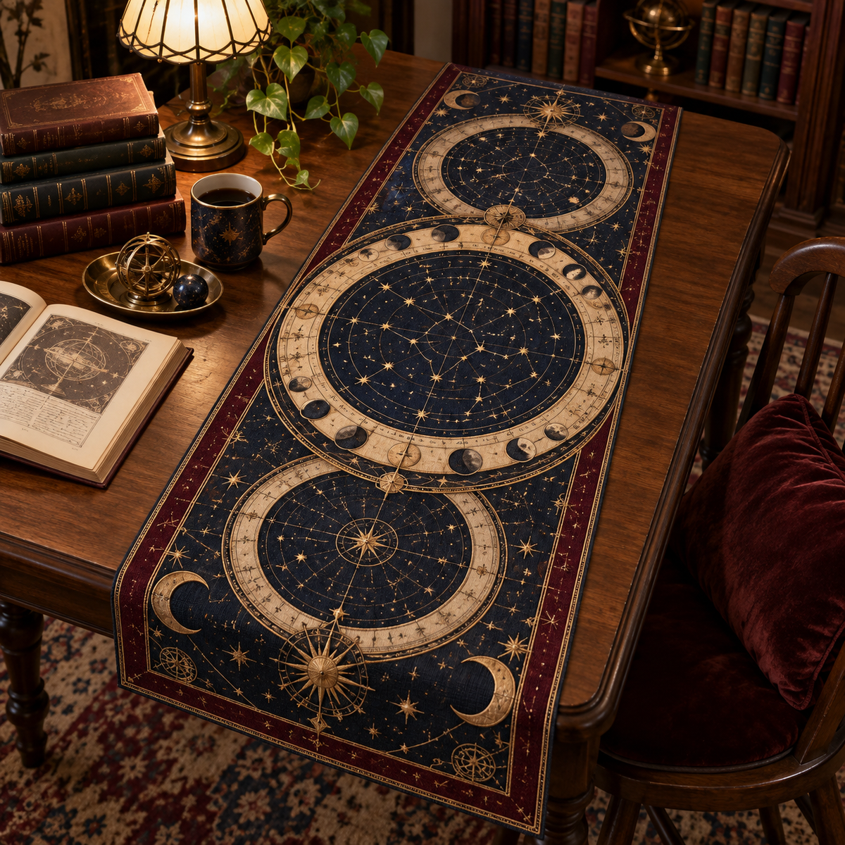 Constellation Reading Nook Table Runner with flat printed optical 3D celestial map in navy antique gold parchment and burgundy