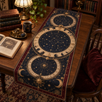 Constellation Reading Nook Table Runner with flat printed optical 3D celestial map in navy antique gold parchment and burgundy