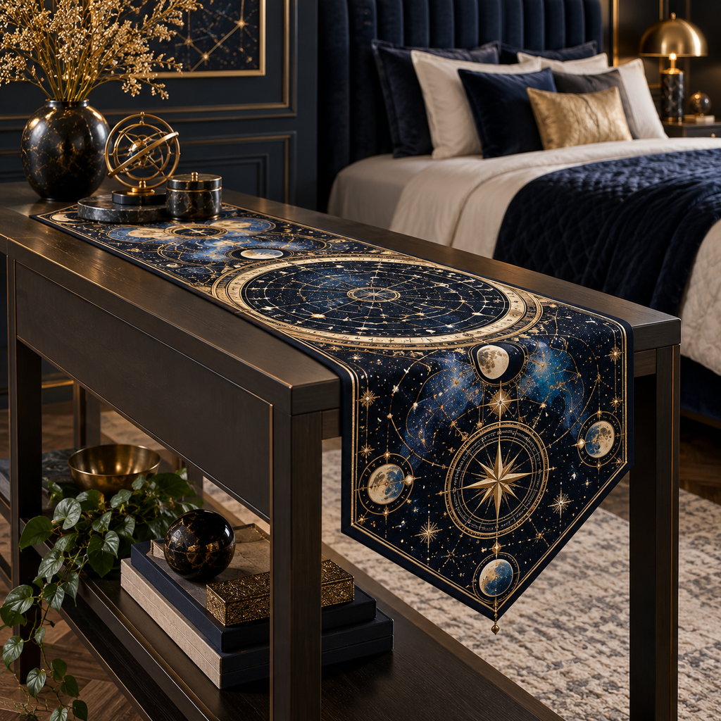 Constellation Bedroom Statement Table Runner with flat printed optical 3D astrolabe map in obsidian navy gold sapphire and ivory