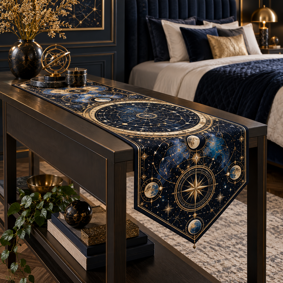Constellation Bedroom Statement Table Runner with flat printed optical 3D astrolabe map in obsidian navy gold sapphire and ivory