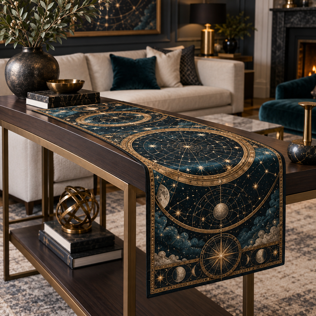 Constellation Living Room Table Runner with flat printed optical 3D astrolabe map in midnight teal brass cream and charcoal