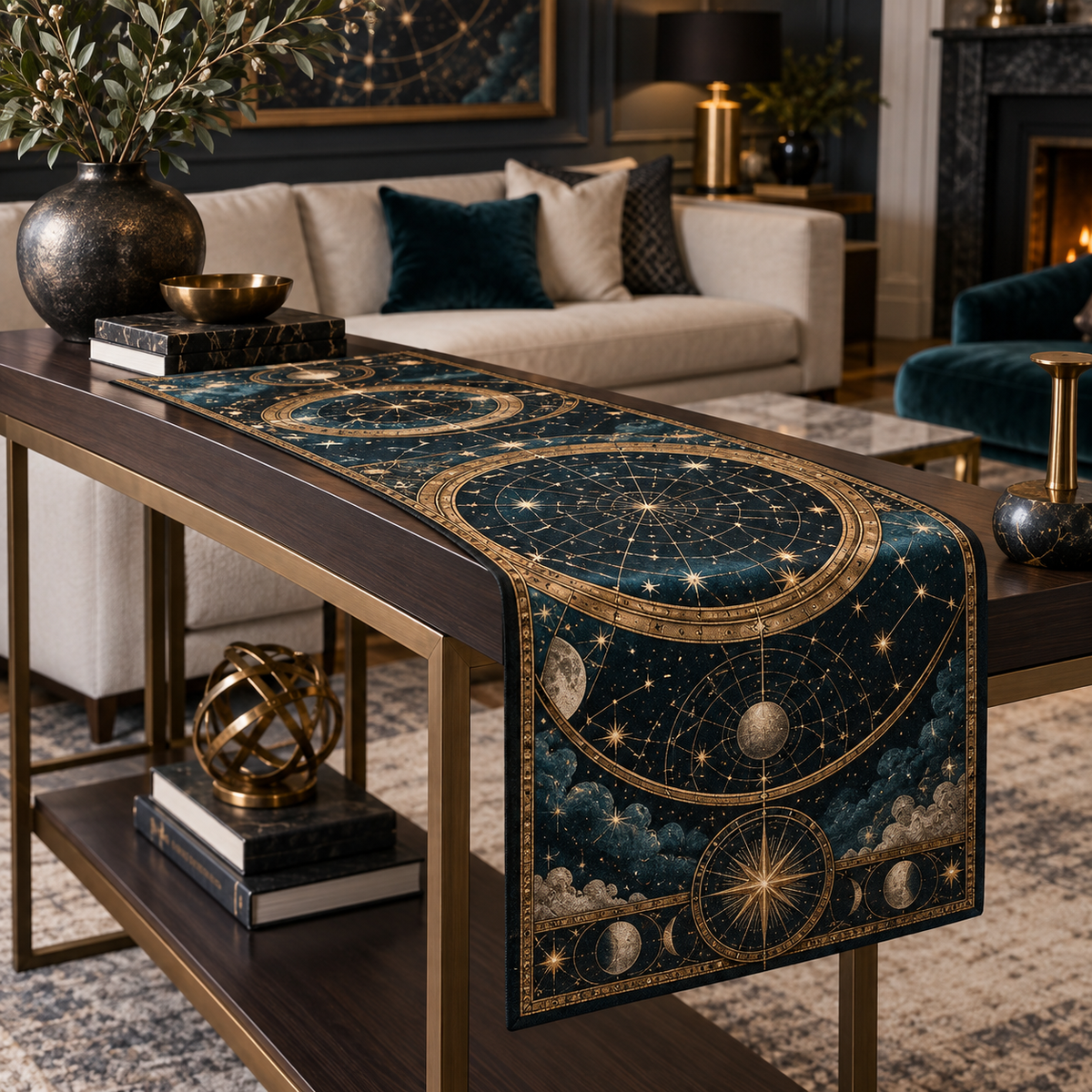 Constellation Living Room Table Runner with flat printed optical 3D astrolabe map in midnight teal brass cream and charcoal