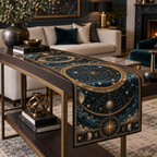 Constellation Living Room Table Runner with flat printed optical 3D astrolabe map in midnight teal brass cream and charcoal