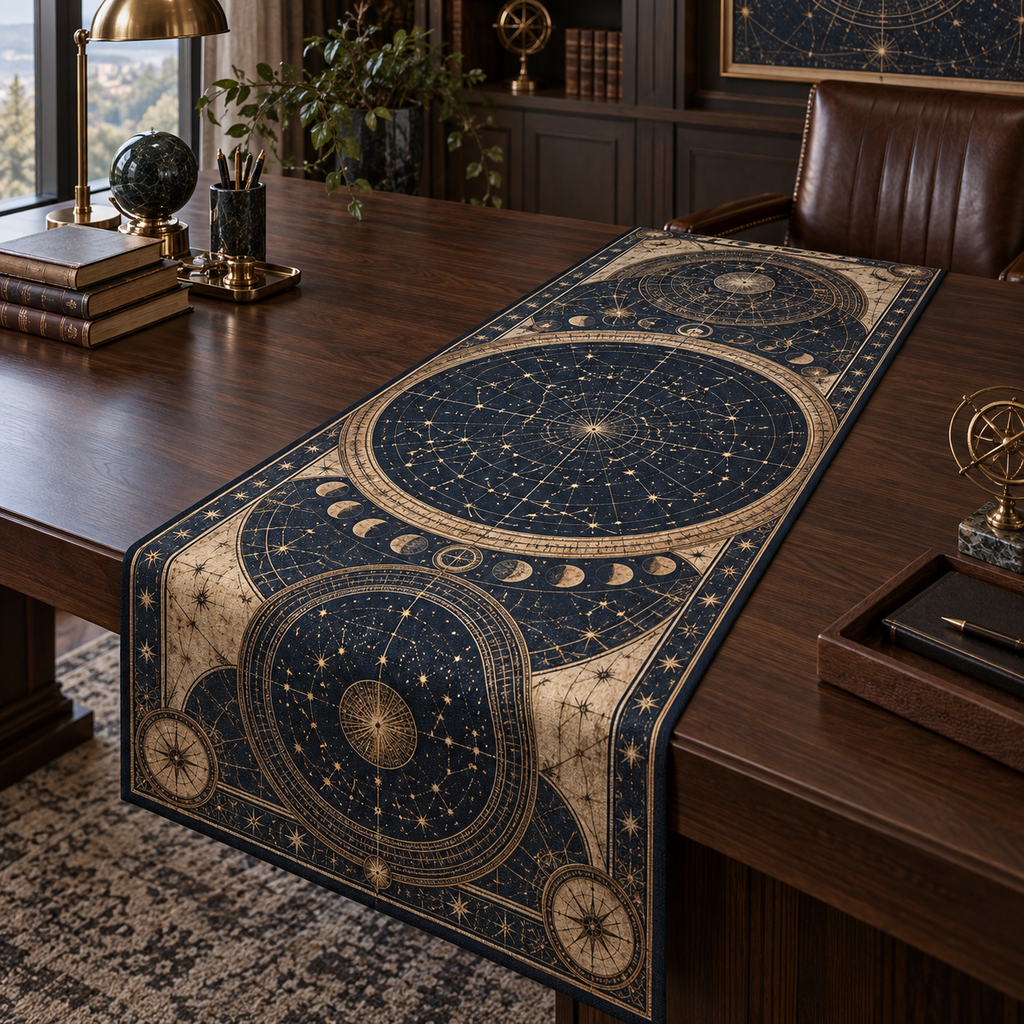 Constellation Home Office Table Runner with flat printed optical 3D astrolabe map in midnight teal brass cream and charcoal