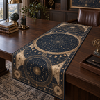 Constellation Home Office Table Runner with flat printed optical 3D astrolabe map in midnight teal brass cream and charcoal