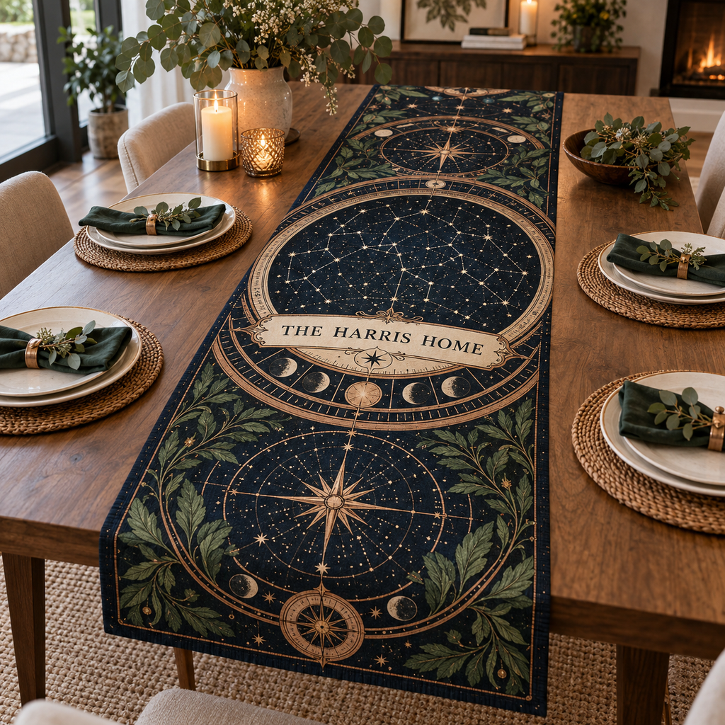 Personalized Constellation Housewarming Table Runner showing sample family name integrated into flat printed optical 3D constellation artwork