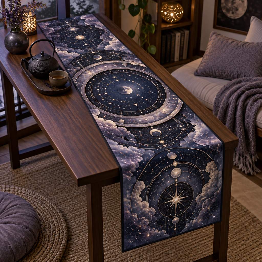Constellation Quiet Corner Table Runner with flat printed optical 3D astrolabe map in midnight teal brass cream and charcoal