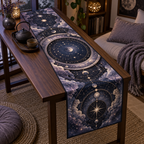 Constellation Quiet Corner Table Runner with flat printed optical 3D astrolabe map in midnight teal brass cream and charcoal