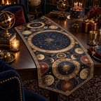 Constellation Collector Birthday Table Runner with flat printed optical 3D celestial atlas medallions in museum navy bronze ruby and parchment