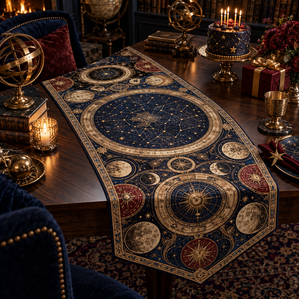 Constellation Collector Birthday Table Runner with flat printed optical 3D celestial atlas medallions in museum navy bronze ruby and parchment