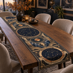 Constellation Gallery Wall Table Runner with flat printed optical 3D celestial gallery arches in midnight blue aged brass burnt orange and ivory