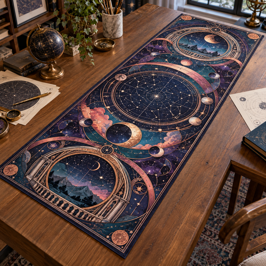 Constellation Hobby Studio Table Runner with flat printed optical 3D celestial gallery arches in ultraviolet deep teal copper coral and pearl