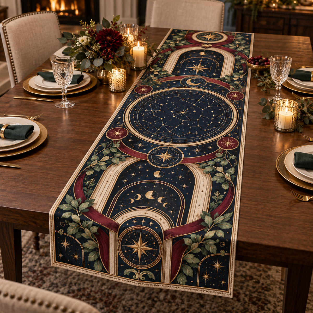 Constellation Host Thank You Table Runner with flat printed optical 3D celestial gallery arches in midnight navy champagne gold cranberry eucalyptus green and warm ivory