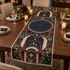Constellation Host Thank You Table Runner with flat printed optical 3D celestial gallery arches in midnight navy champagne gold cranberry eucalyptus green and warm ivory