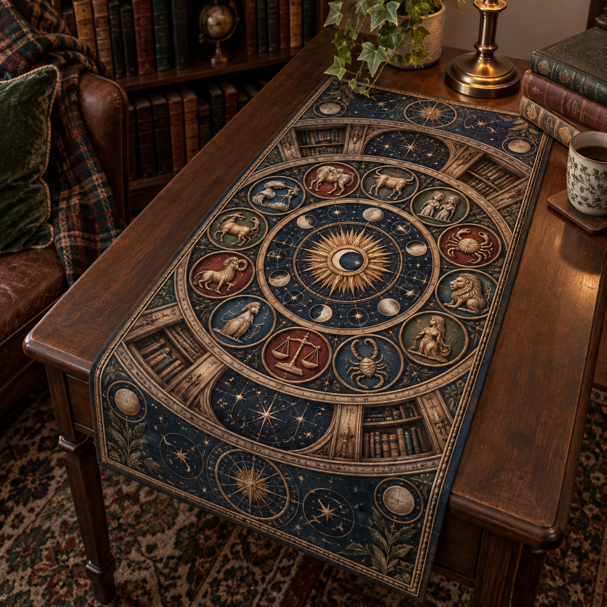 Zodiac Reading Nook Table Runner with flat printed optical 3D celestial gallery arches in ink blue antique copper oxblood moss and parchment