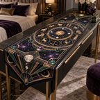Zodiac Bedroom Statement Table Runner with flat printed optical 3D celestial gallery arches in black sapphire royal purple rose gold emerald and moonstone ivory