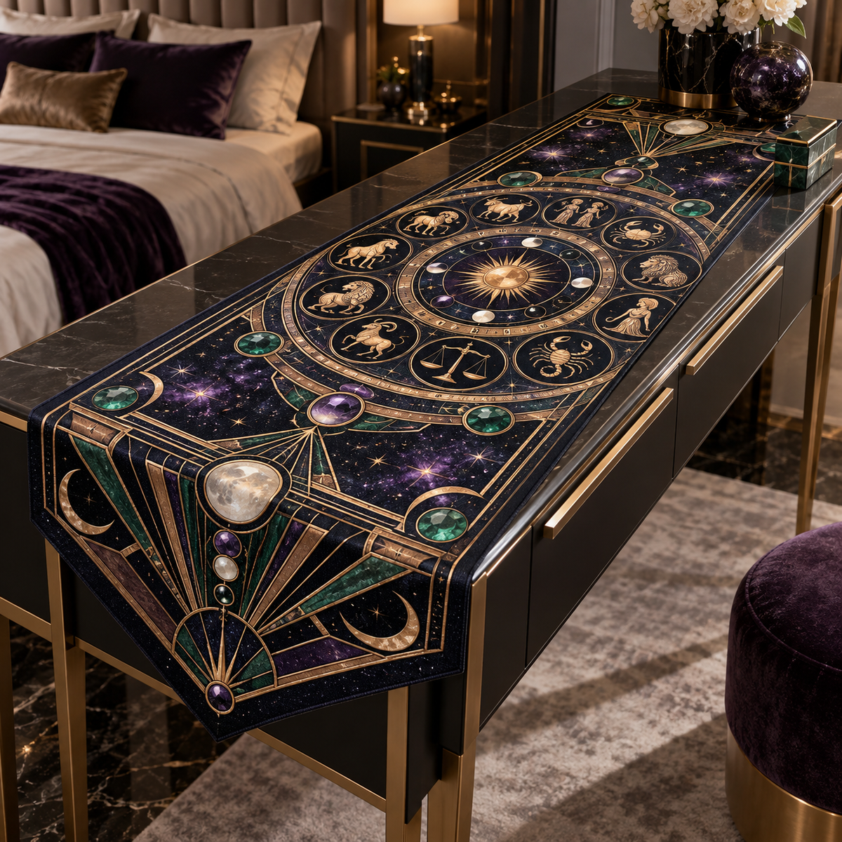 Zodiac Bedroom Statement Table Runner with flat printed optical 3D celestial gallery arches in black sapphire royal purple rose gold emerald and moonstone ivory