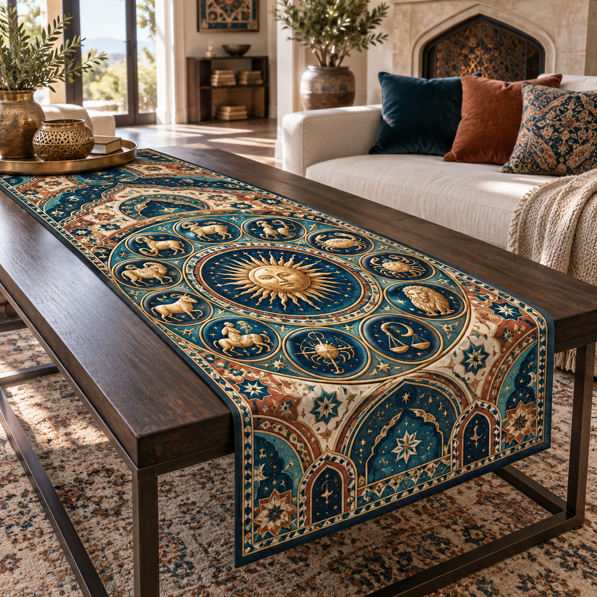 Zodiac Living Room Focal Point Table Runner with flat printed optical 3D celestial gallery arches in peacock teal lapis terracotta antique gold and cream